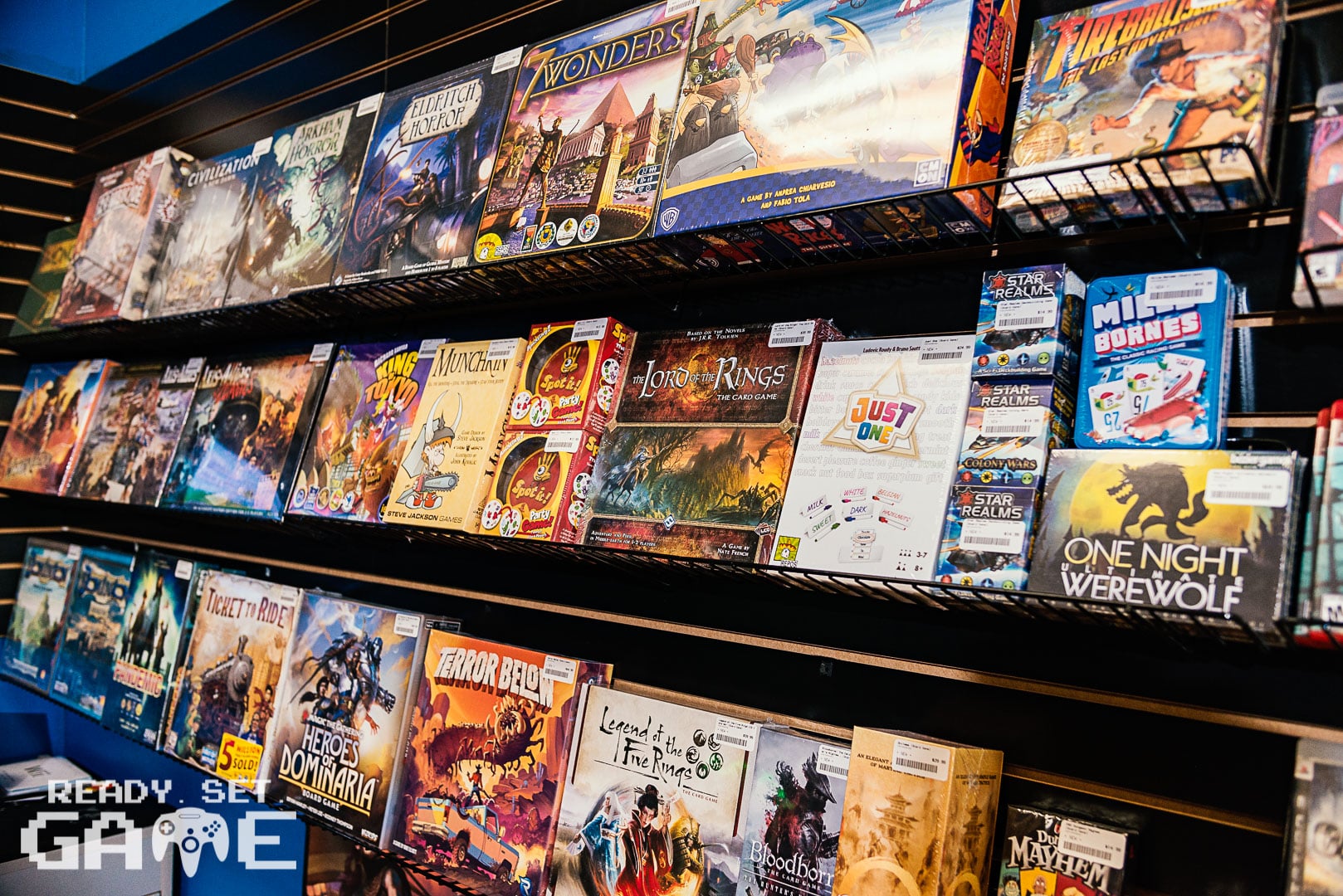 Ready set game board game shelves and display.